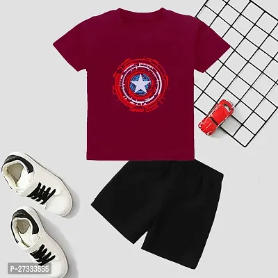 Stylish Maroon Cotton Blend Printed T-Shirt with Shorts For Boys-thumb0