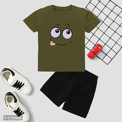 Stylish Olive Cotton Blend Printed T-Shirt with Shorts For Boys-thumb0