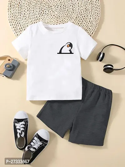 Stylish White Cotton Blend Printed T-Shirt with Shorts For Boys