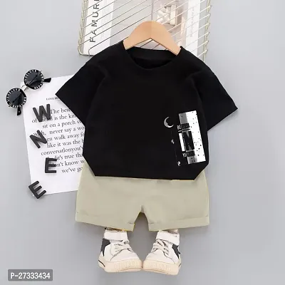 Stylish Black Cotton Blend Printed T-Shirt with Shorts For Boys