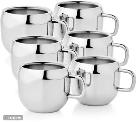 Stainless Steel Pack Of 6 Double Wall Stainless Steel Tea Cup,Pack Of 6&nbsp;&nbsp;(Silver, Cup And Saucer Set)-thumb0
