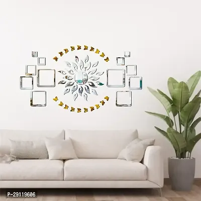 Classic Sun Flame 12 Square Silver With 20 Butterfly Golden Acrylic Mirror Wall Sticker|Mirror For Wall|Mirror Stickers For Wall|Wall Mirror|Flexible Mirror|3D Mirror Wall Stickers|Wall Sticker Cp-144