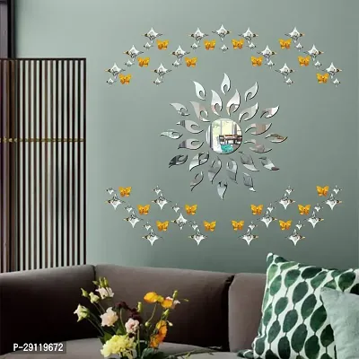 Classic Sun Flame 25 Small 25 Large Star Silver With 20 Butterfly Golden Acrylic Mirror Wall Sticker|Mirror For Wall|Mirror Stickers For Wall|Wall Mirror|Flexible Mirror|3D Mirror Wall Stickers|Wall Sticker Cp-206-thumb0