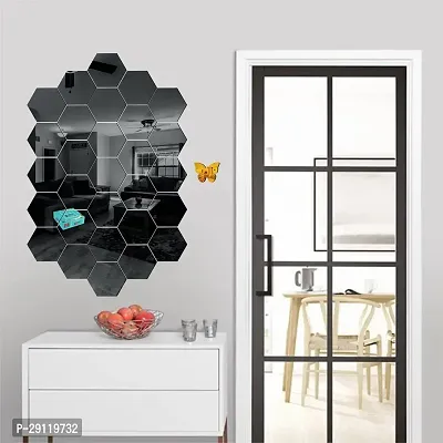 Classic 28 Hexagon Black With 10 Butterfly Golden Acrylic Mirror Wall Sticker|Mirror For Wall|Mirror Stickers For Wall|Wall Mirror|Flexible Mirror|3D Mirror Wall Stickers|Wall Sticker Cp-261-thumb0