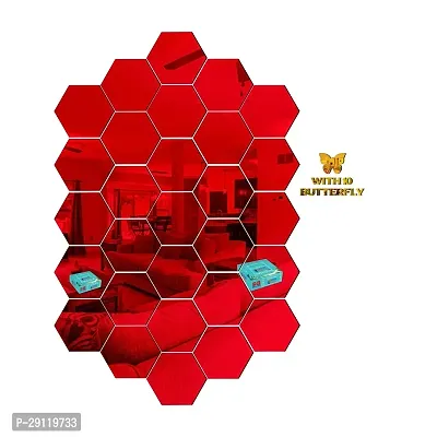 Classic 28 Hexagon Red With 10 Butterfly Golden Acrylic Mirror Wall Sticker|Mirror For Wall|Mirror Stickers For Wall|Wall Mirror|Flexible Mirror|3D Mirror Wall Stickers|Wall Sticker Cp-262-thumb2