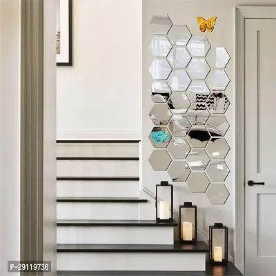 Classic 28 Hexagon Silver With 10 Butterfly Golden Acrylic Mirror Wall Sticker|Mirror For Wall|Mirror Stickers For Wall|Wall Mirror|Flexible Mirror|3D Mirror Wall Stickers|Wall Sticker Cp-265-thumb0