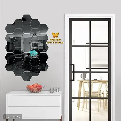 Classic 28 Hexagon Black With 10 Butterfly Golden Acrylic Mirror Wall Sticker|Mirror For Wall|Mirror Stickers For Wall|Wall Mirror|Flexible Mirror|3D Mirror Wall Stickers|Wall Sticker Cp-261-thumb3