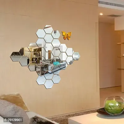 Classic 31 Hexagon Silver And 10 Butterfly Acrylic Mirror Wall Sticker|Mirror For Wall|Mirror Stickers For Wall|Wall Mirror|Flexible Mirror|3D Mirror Wall Stickers|Wall Sticker Cp-1324-thumb0