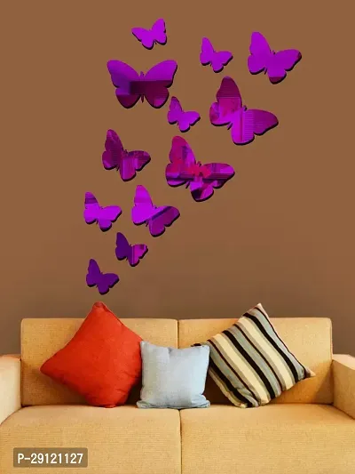 Classic 12 Butterfly Purple (3 Size) Acrylic Mirror Wall Sticker|Mirror For Wall|Mirror Stickers For Wall|Wall Mirror|Flexible Mirror|3D Mirror Wall Stickers|Wall Sticker Cp-1470-thumb0