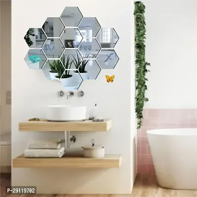 Classic 14 Hexagon Silver With 10 Butterfly Golden Acrylic Mirror Wall Sticker|Mirror For Wall|Mirror Stickers For Wall|Wall Mirror|Flexible Mirror|3D Mirror Wall Stickers|Wall Sticker Cp-235-thumb0