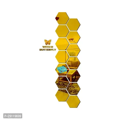 Classic 14 Hexagon With 10 Butterfly Golden Acrylic Mirror Wall Sticker|Mirror For Wall|Mirror Stickers For Wall|Wall Mirror|Flexible Mirror|3D Mirror Wall Stickers|Wall Sticker Cp-232-thumb2