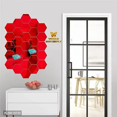 Classic 28 Hexagon Red With 10 Butterfly Golden Acrylic Mirror Wall Sticker|Mirror For Wall|Mirror Stickers For Wall|Wall Mirror|Flexible Mirror|3D Mirror Wall Stickers|Wall Sticker Cp-262-thumb3