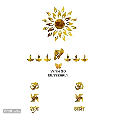 Classic Sun Flame 14 Om Swastik With 20 Butterfly Golden Acrylic Mirror Wall Sticker|Mirror For Wall|Mirror Stickers For Wall|Wall Mirror|Flexible Mirror|3D Mirror Wall Stickers|Wall Sticker Cp-196-thumb2