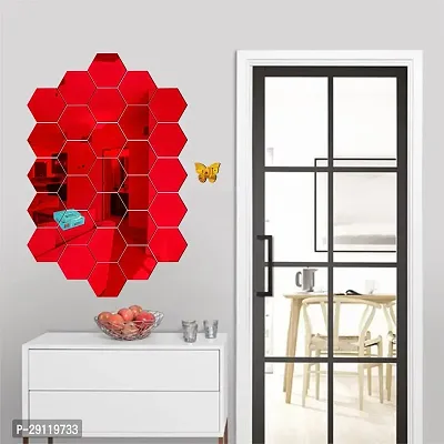 Classic 28 Hexagon Red With 10 Butterfly Golden Acrylic Mirror Wall Sticker|Mirror For Wall|Mirror Stickers For Wall|Wall Mirror|Flexible Mirror|3D Mirror Wall Stickers|Wall Sticker Cp-262-thumb0