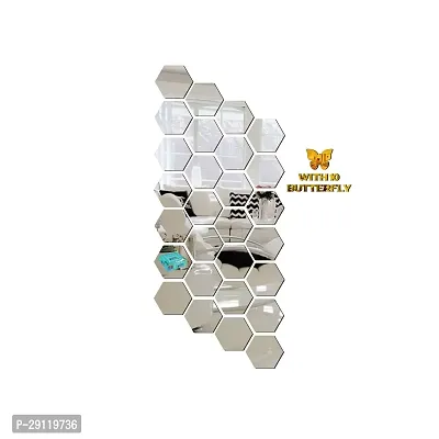 Classic 28 Hexagon Silver With 10 Butterfly Golden Acrylic Mirror Wall Sticker|Mirror For Wall|Mirror Stickers For Wall|Wall Mirror|Flexible Mirror|3D Mirror Wall Stickers|Wall Sticker Cp-265-thumb2