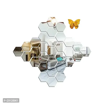 Classic 31 Hexagon Silver And 10 Butterfly Acrylic Mirror Wall Sticker|Mirror For Wall|Mirror Stickers For Wall|Wall Mirror|Flexible Mirror|3D Mirror Wall Stickers|Wall Sticker Cp-1324-thumb2