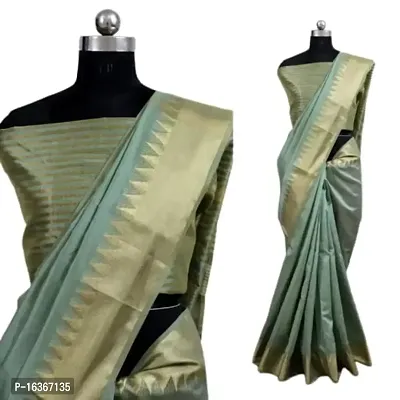 Plain/Solid Temple Border Thread Woven Handloom assam silk saree With Blouse Piece (Green)-thumb0
