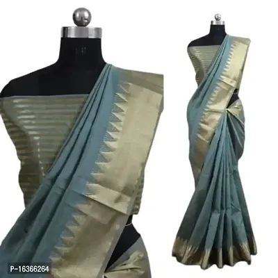 Plain/Solid Temple Border Thread Woven Handloom assam silk saree With Blouse Piece (Firozi)-thumb0
