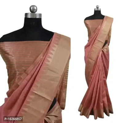 Plain/Solid Temple Border Thread Woven Handloom assam silk saree With Blouse Piece (Peach)