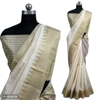 Plain/Solid Temple Border Thread Woven Handloom assam silk saree With Blouse Piece (Off White)