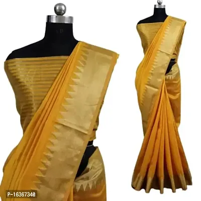 Plain/Solid Temple Border Thread Woven Handloom assam silk saree With Blouse Piece (yellow)