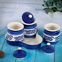 Kraftlik Handicrafts Ceramic Jars with Lid and Holding Tray | Multipurpose Barni for Chutney | Pickle jar | Storage Container | Dining Table Container Set (Set of 3, Multi-color) (Blue)-thumb2