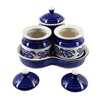 Kraftlik Handicrafts Ceramic Jars with Lid and Holding Tray | Multipurpose Barni for Chutney | Pickle jar | Storage Container | Dining Table Container Set (Set of 3, Multi-color) (Blue)-thumb1