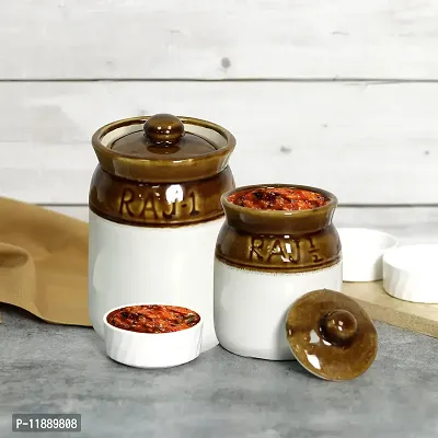 Ceramic Pickle Jars with Lid | Barni | Containers | Storage Jar for spice pickle chatni achar | hand Painted Ceramic Brown-White Barni | Achar ki Barni | Dining Table Container Pack of 2 (500 ml and 1000 ml)