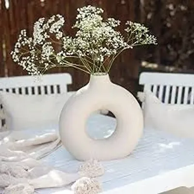 Kreative Homes Beautiful Ceramic Donut Shape Decorative Vases with Unique Quality for Home Decor, Center Table, Flowers Pot, Bedroom Side Corners, Living Room Decoration and Party Centerpieces | Planter | Flower Pot | Ring Shape Planter (White)