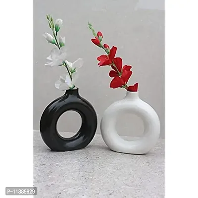 Kraftlik Handicrafts Beautiful Ceramic Vases | Planter | Flower Pot | Ring Shape with Unique Quality for Home D?cor Center Table Bedroom Side Corners Decoration (Pack of 2, White-Black)-thumb0