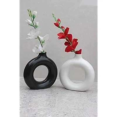 Kraftlik Handicrafts Beautiful Ceramic Vases | Planter | Flower Pot | Ring Shape with Unique Quality for Home D?cor Center Table Bedroom Side Corners Decoration (Pack of 2, White-Black)