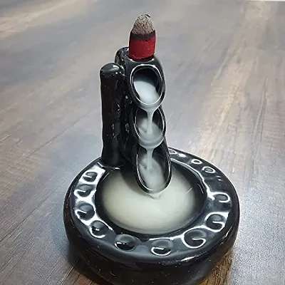 Kreative Homes Ceramic Backflow Smoke Fragrance Fountain Incense Holder Peace Giving Smoke Fountain for Pooja/Meditation/Prayer/Aromatherapy Ornament Home Decor (Black)