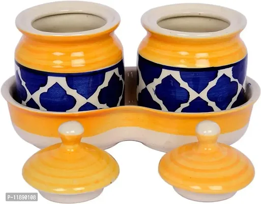 Kraftlik Handicrafts Ceramic Jars with Lid and Holding Tray Multipurpose Barni for Chutney, Pickle jar Storage Container, Dining Table Container Set (Pack of 2, Multi-color) (Yellow)