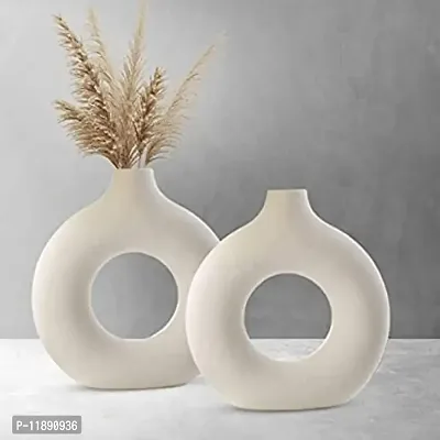 Kraftlik Handicrafts Beautiful Ceramic Vases | Planter | Flower Pot | Ring Shape with Unique Quality for Home D?cor Center Table Bedroom Side Corners Decoration (Pack of 2, White)-thumb0