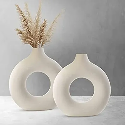 Kraftlik Handicrafts Beautiful Ceramic Vases | Planter | Flower Pot | Ring Shape with Unique Quality for Home D?cor Center Table Bedroom Side Corners Decoration (Pack of 2, White)