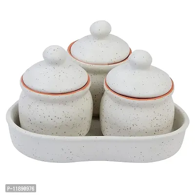 Kreative Homes Ceramic Storage Container with Lid  Tray / Chatni Jar / Pickle Jar for Kitchen Set of 3 (200 Grams, White)-thumb0