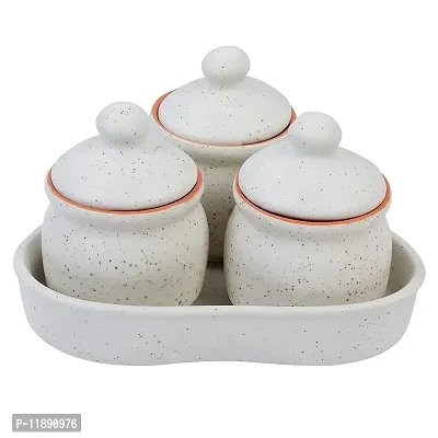 Kreative Homes Ceramic Storage Container with Lid  Tray / Chatni Jar / Pickle Jar for Kitchen Set of 3 (200 Grams, White)