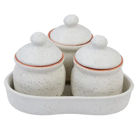 Kreative Homes Ceramic Storage Container with Lid  Tray / Chatni Jar / Pickle Jar for Kitchen Set of 3 (200 Grams, White)