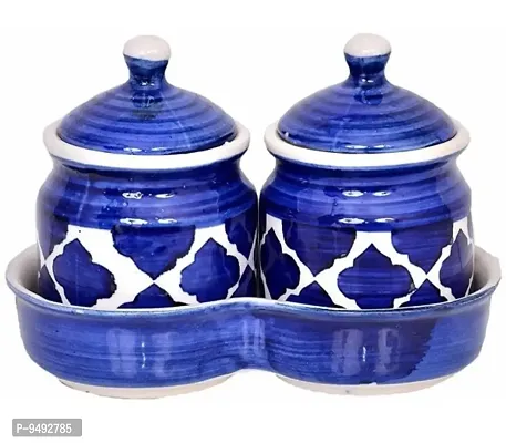 Ceramic Jars with Lid and Holding Tray Multipurpose Barni for Chutney, Pickle jar Storage Container
