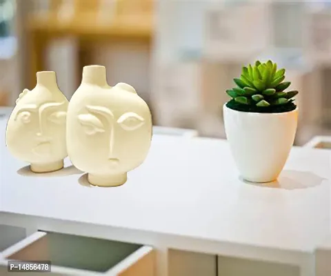 Kraftlik Handicrafts Ceramic Face Shape Plant Container for Indoor Outdoor | Balcony | Office Decor (White) Pack of 2-thumb0