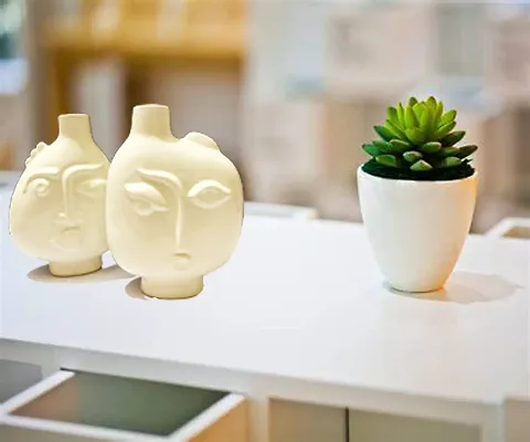 Kraftlik Handicrafts Ceramic Face Shape Plant Container for Indoor Outdoor | Balcony | Office Decor (White) Pack of 2