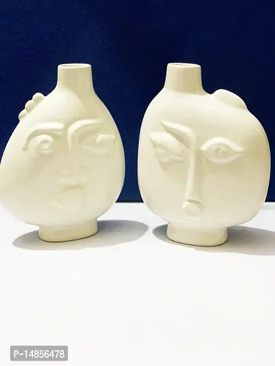 Kraftlik Handicrafts Ceramic Face Shape Plant Container for Indoor Outdoor | Balcony | Office Decor (White) Pack of 2-thumb2