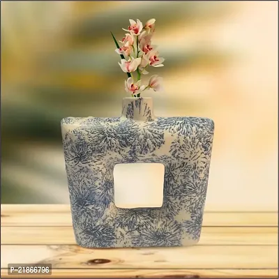Kraftlik Handicrafts Ceramic Minimalist Flower Vase | Square Shape Vase Flower Port for Home decore | Ceramic Vase | Home Decor Centrepiece | vase for Home Decor Ceramic (BlueWhite)