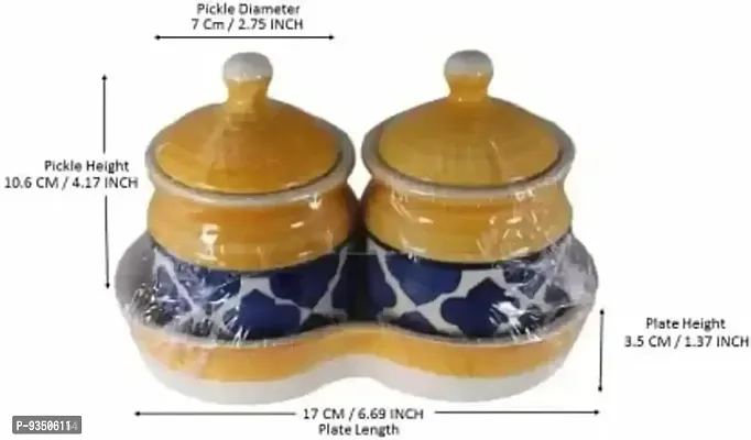 Ceramic Jars with Lid and Holding Tray Multipurpose Barni for Chutney, Pickle jar Storage Container, Dining Table Container Set-thumb2