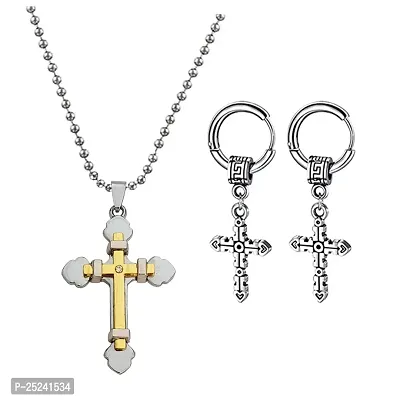 M Men Style Religious Lord Jesus Christ Cross Locket With Cross Earring Gold Silver Metal Stainless Steel Combo Set For Men SComboa20