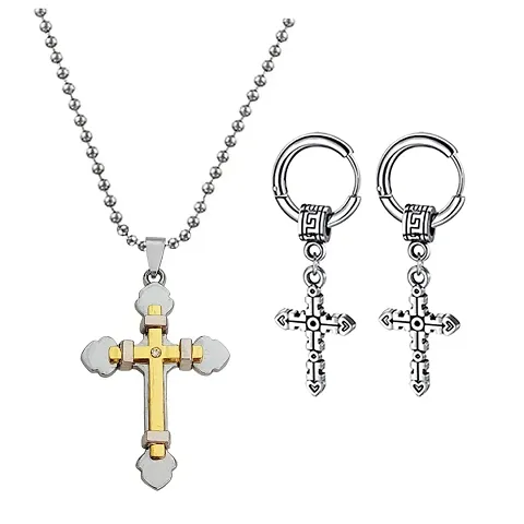 M Men Style Religious Lord Jesus Christ Cross Locket With Cross Earring Gold Silver Metal Stainless Steel Combo Set For Men SComboa18