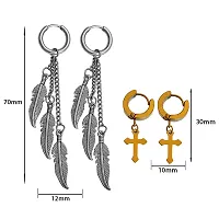 M Men Style Three Feather Three Long Chain Christ Cross Hoop Silver Gold Stainless Steel Stud Hoop Drops  Danglers Earrings-thumb1