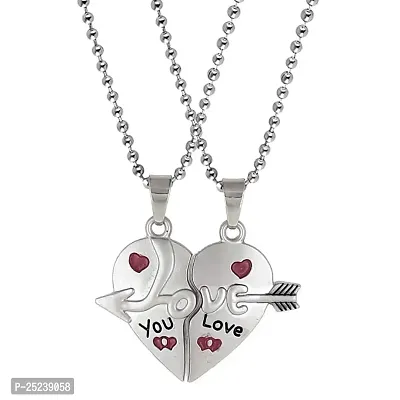 M Men Style Valentine Gift Baby I Love You Arrow Couple Heart Engraved Dual Couple Locket Unisex Jewellery 1 Pair for His and Her Silver Metal Pendant Necklace Chain Set for Men and Women-thumb0