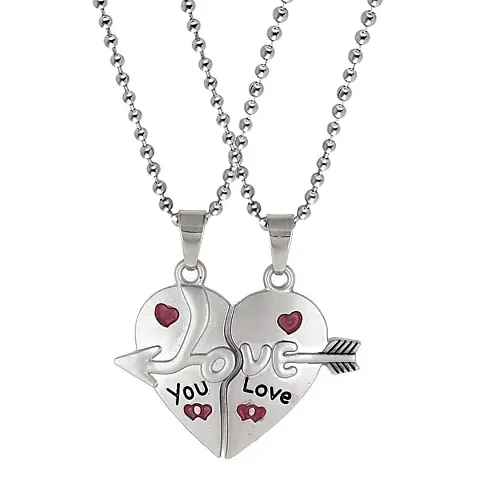 Men Style Valentine Gift Baby I Love You Arrow Couple Heart Engraved Dual Couple Locket Unisex Jewellery 1 Pair for His and Her Metal Pendant Necklace Chain Set for Men and Women