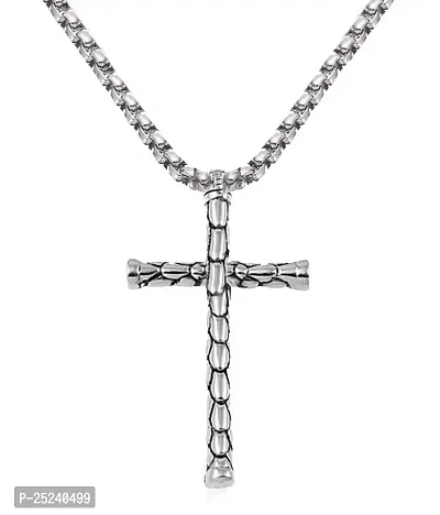 Uniqon Silver Unisex Stainless Steel Metal Lord Holy Jesus Christ Cross Christian Catholic Cutting Antique Isa Masih Locket Pendant Necklace With Box Chain